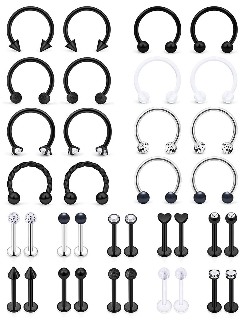 SCERRING 16g Lip Rings Stainless Steel Horseshoe Labret Monroe Nail Tragus Helix Earrings Studs Medusa Piercing Jewelry 8mm 36PCS Black - Image 1